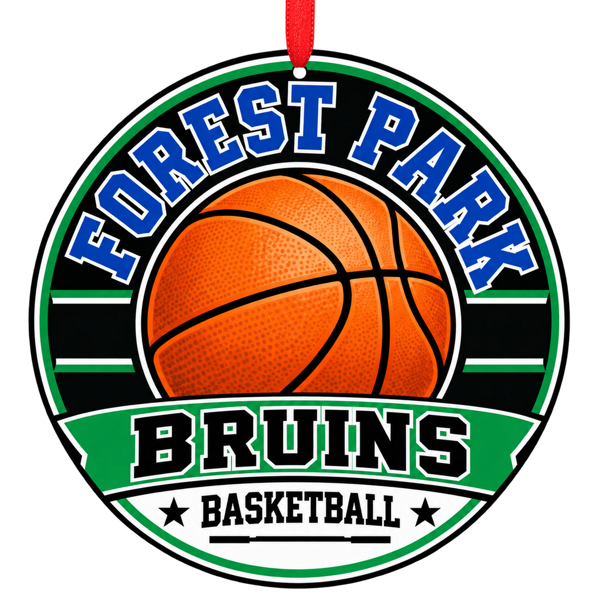 Forest Park High Bruins basketball ornament in verified official palette: blue, green. official named colors; no numeric codes published with a red ribbon, Woodbridge VA