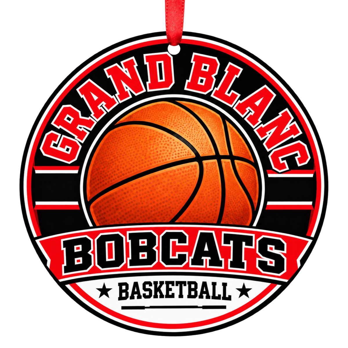 Grand Blanc Community High School Bobcats basketball ornament in red and black with red ribbon