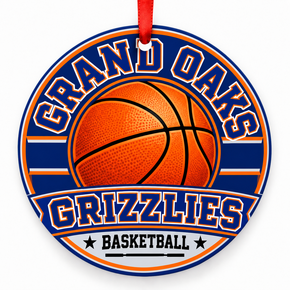 Grand Oaks High School Grizzlies basketball Christmas ornament in blue, orange and gray with red ribbon, Spring, Texas