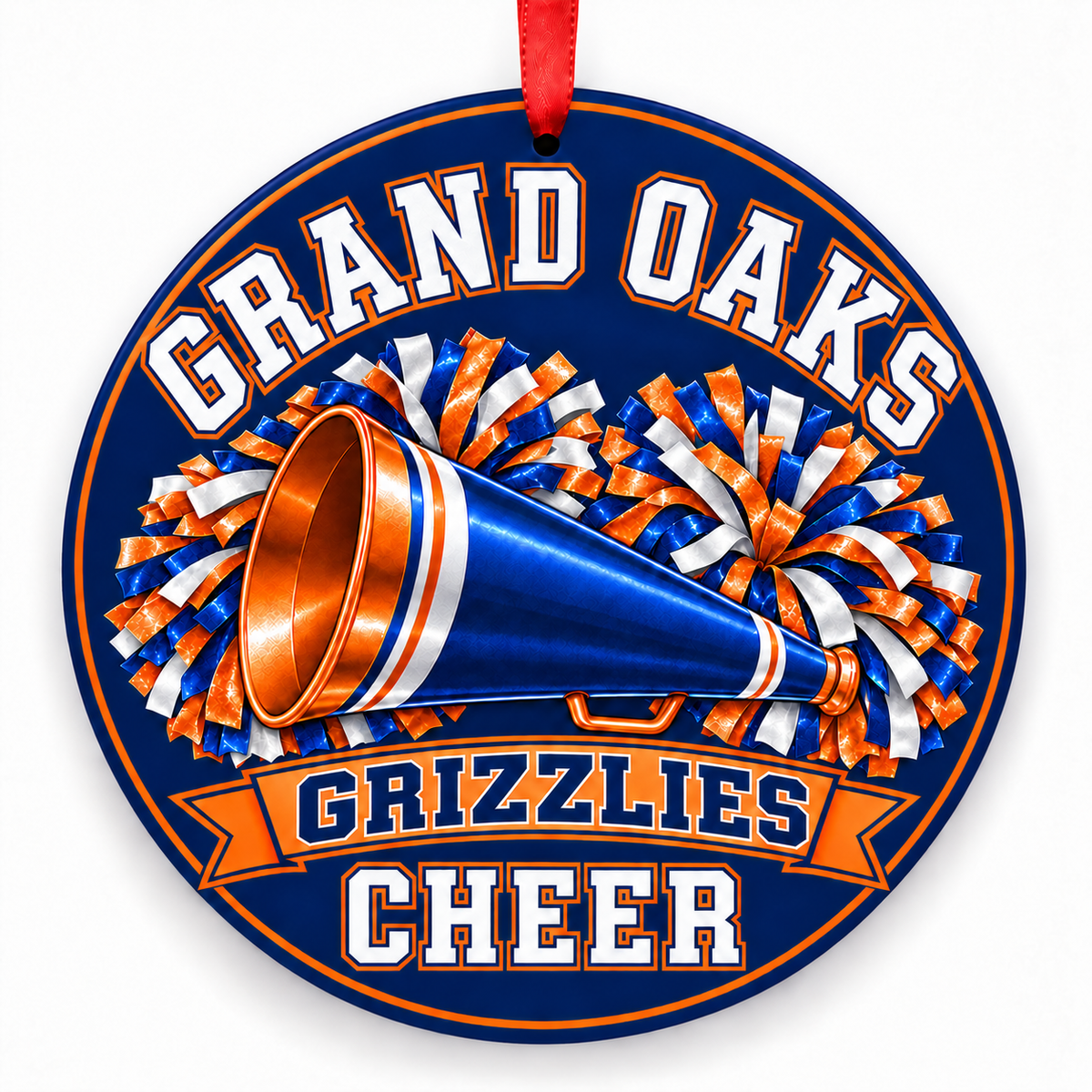 Grand Oaks High School Grizzlies cheer Christmas ornament — Megaphone and Pom-Poms