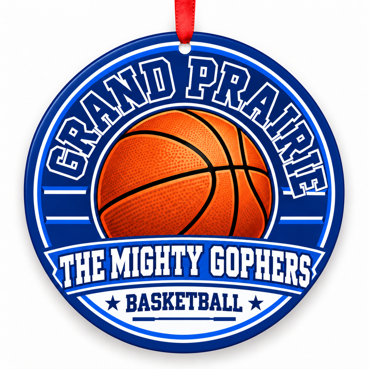 Grand Prairie High School The Mighty Gophers basketball Christmas ornament in blue and white with red ribbon, Grand Prairie, Texas