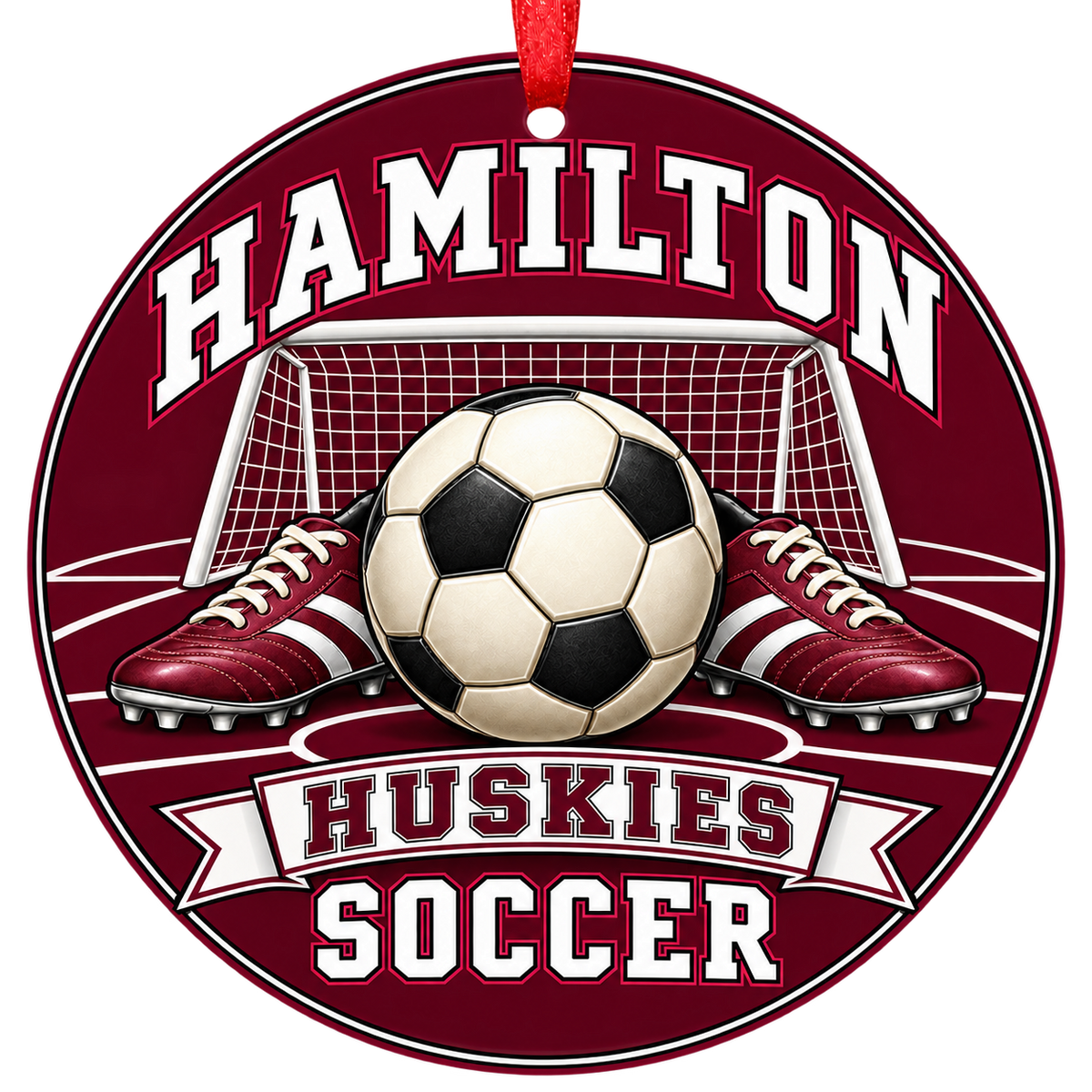 Hamilton Huskies soccer Christmas ornament, Goal and Cleats design, Chandler, Arizona