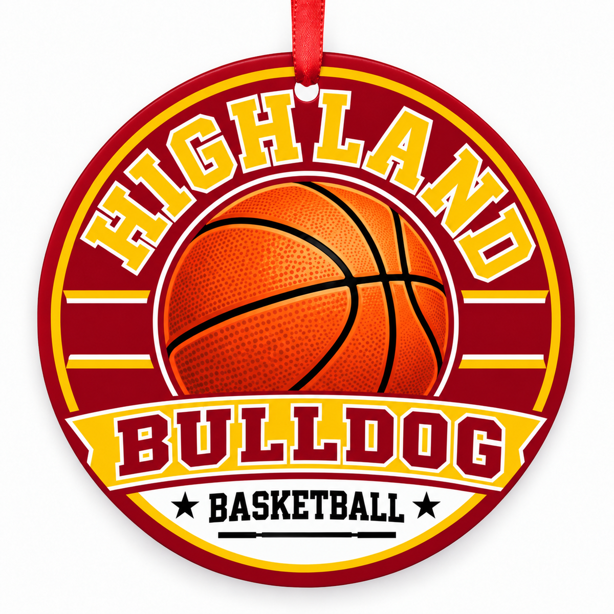 Highland High School Bulldog basketball Christmas ornament in cardinal and gold with red ribbon, Palmdale, California