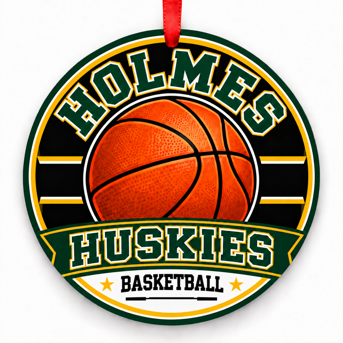Holmes High School Huskies basketball Christmas ornament in hunter green and gold