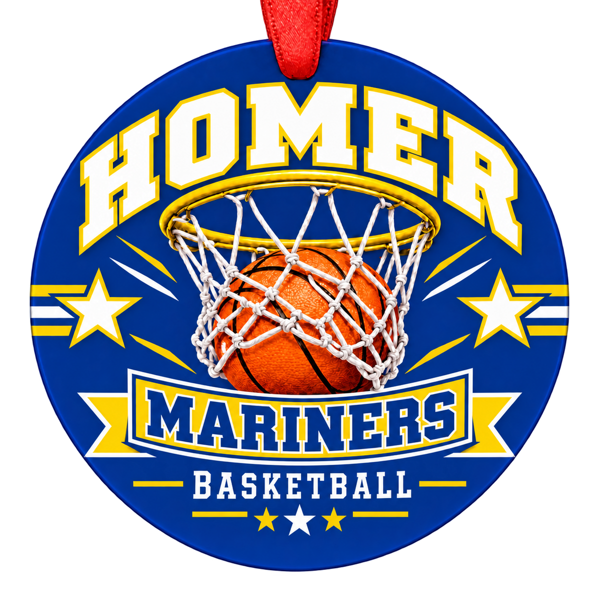 Homer High School Mariners basketball Christmas ornament, Hoop design in blue and gold with red ribbon