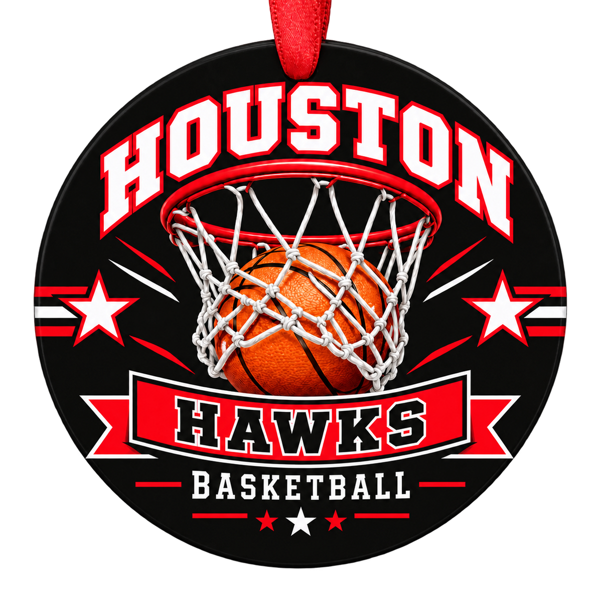 Houston Hawks basketball hoop design Christmas ornament in black and red for Houston High School, Big Lake, Alaska