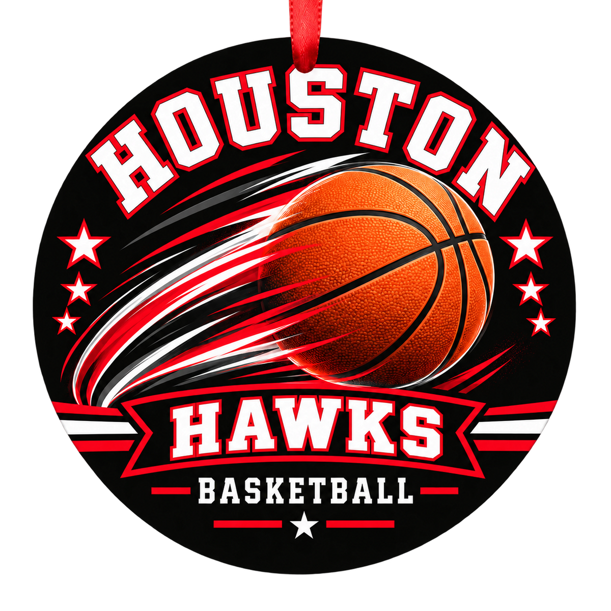 Houston Hawks basketball motion design Christmas ornament in black and red for Houston High School, Big Lake, Alaska