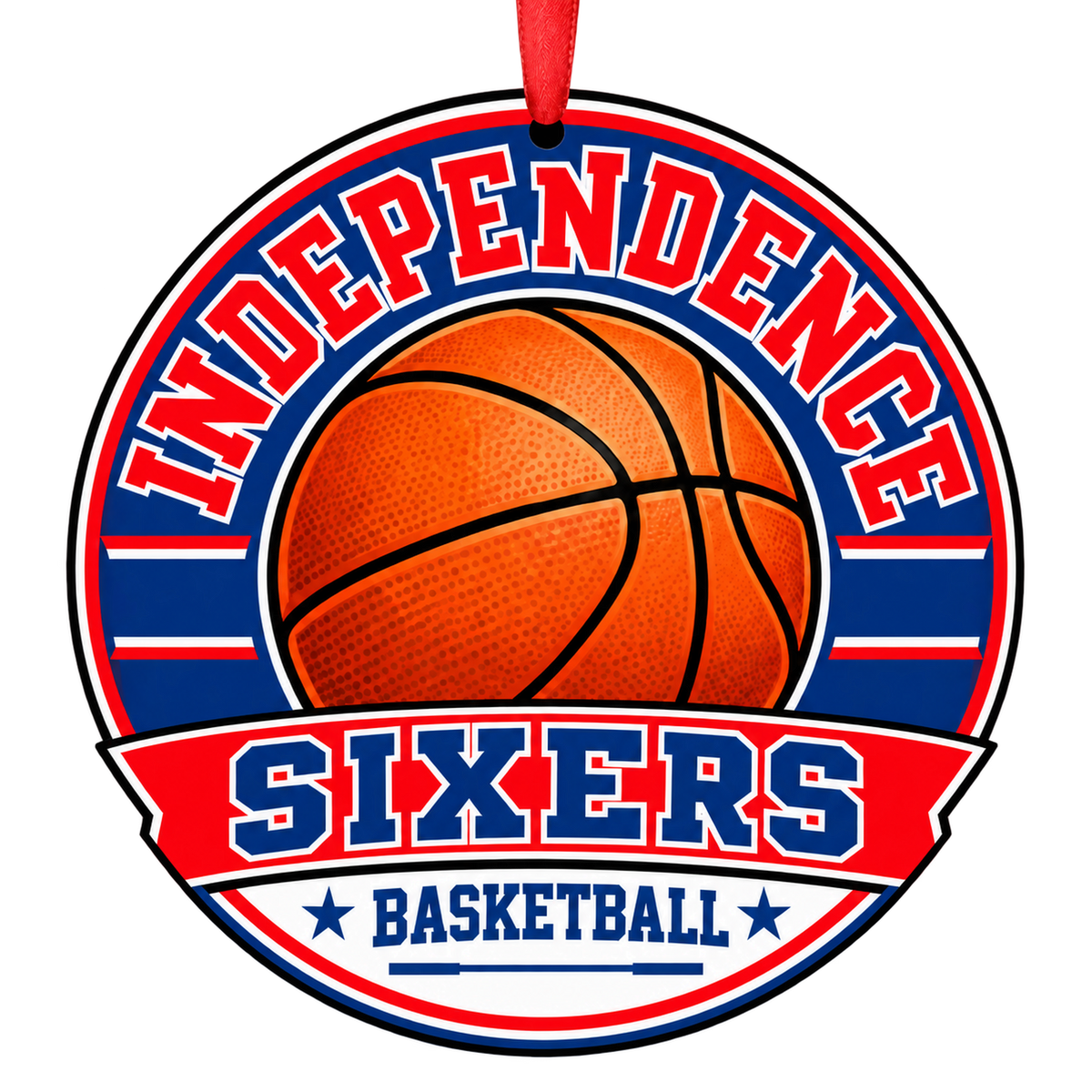 Independence High School Sixers basketball Christmas ornament in red, white, and blue
