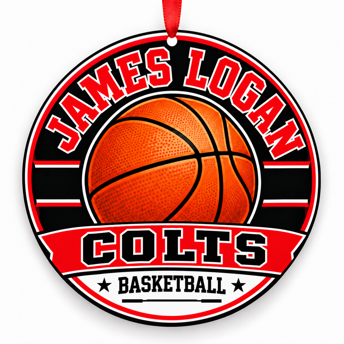 James Logan High School Colts basketball Christmas ornament in black, red with red ribbon, Union City, California
