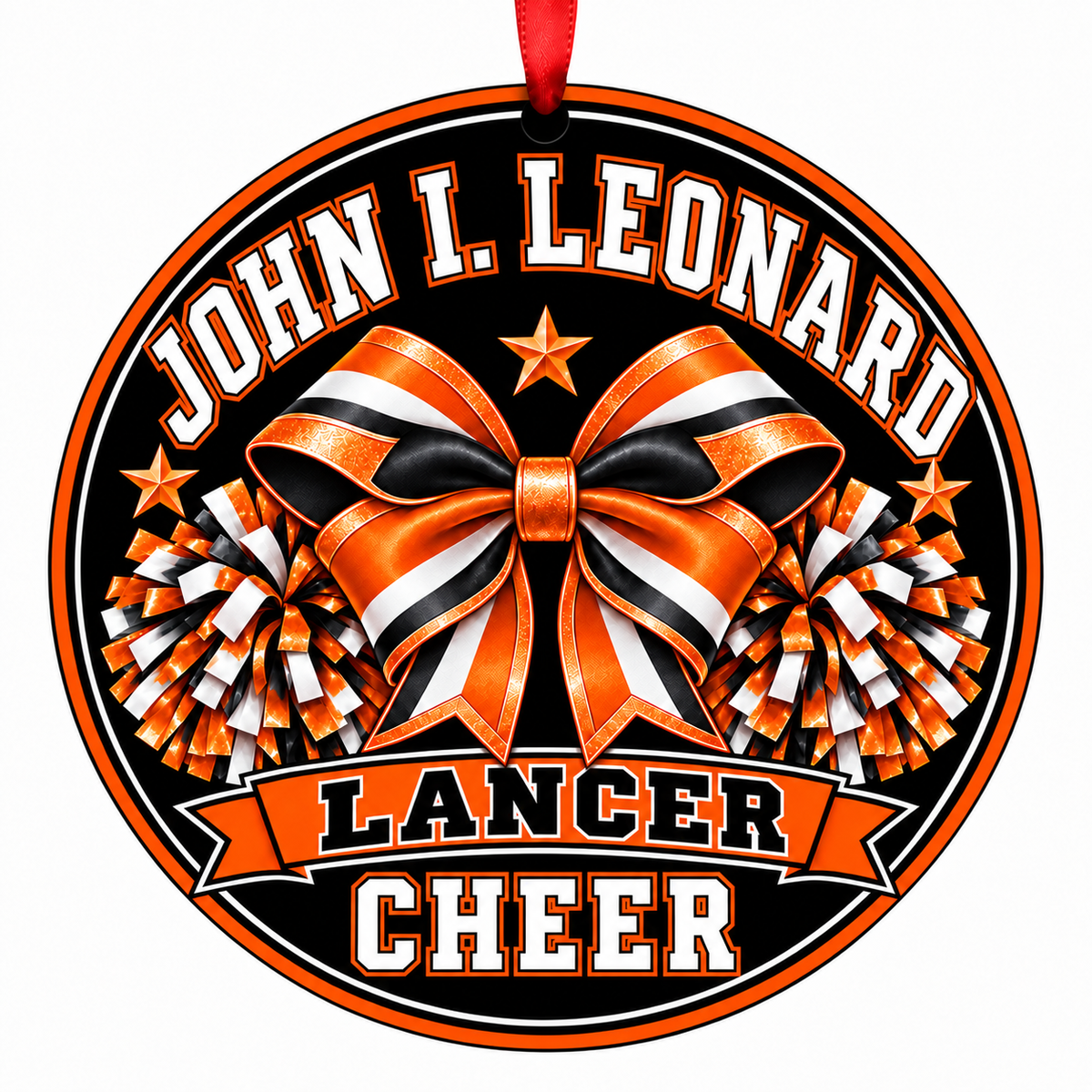 John I. Leonard High School Lancer cheer bow and pom-poms ornament
