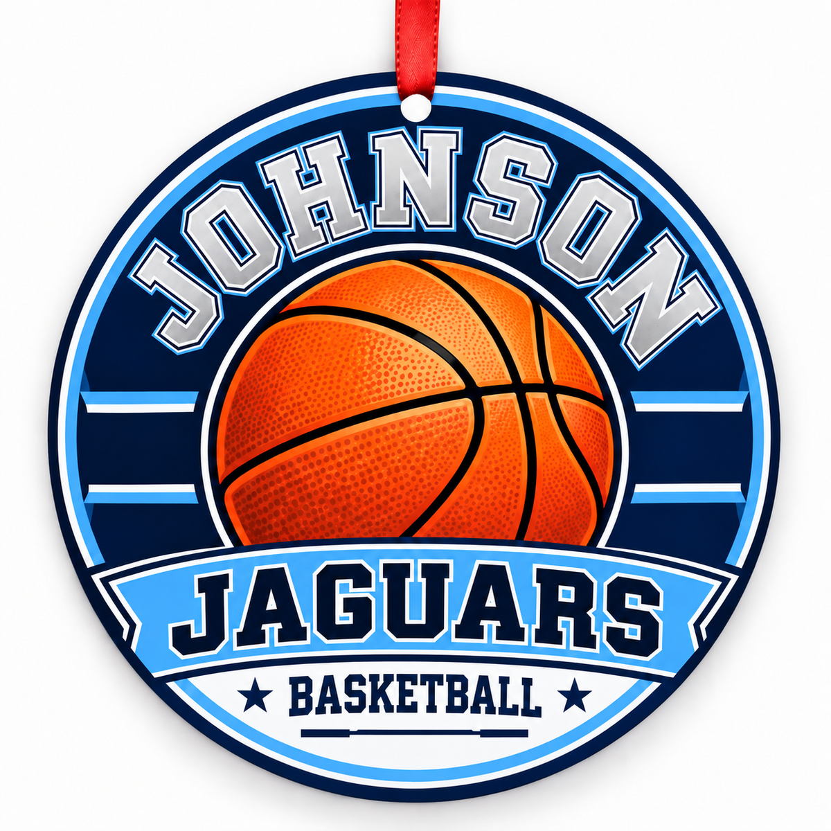 Johnson High School Jaguars basketball Christmas ornament in Columbia blue, navy, and silver with red ribbon, San Antonio, Texas