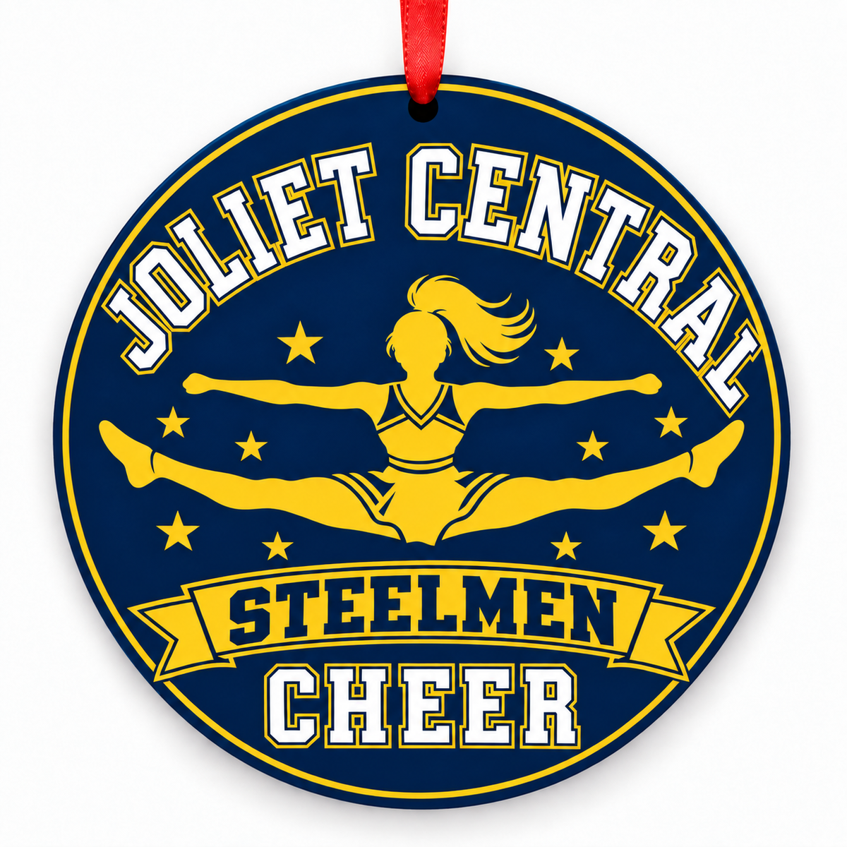 Joliet Central High School Steelmen cheer ornament with toe-touch jump