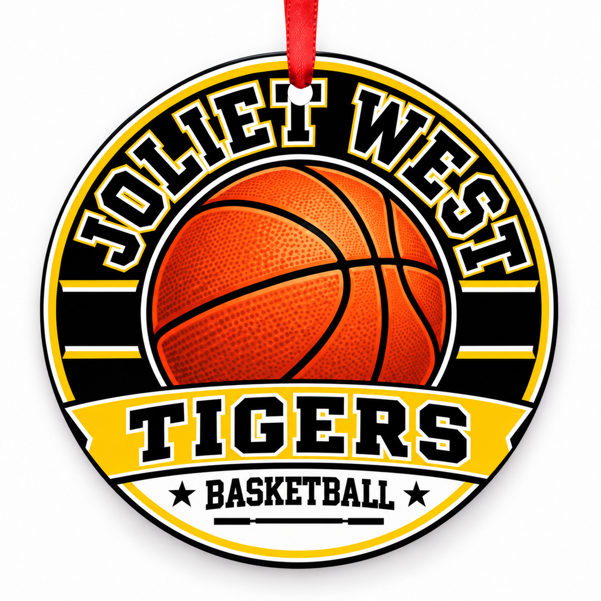 Joliet West High School Tigers basketball Christmas ornament in black, gold and white with red ribbon, Joliet, Illinois