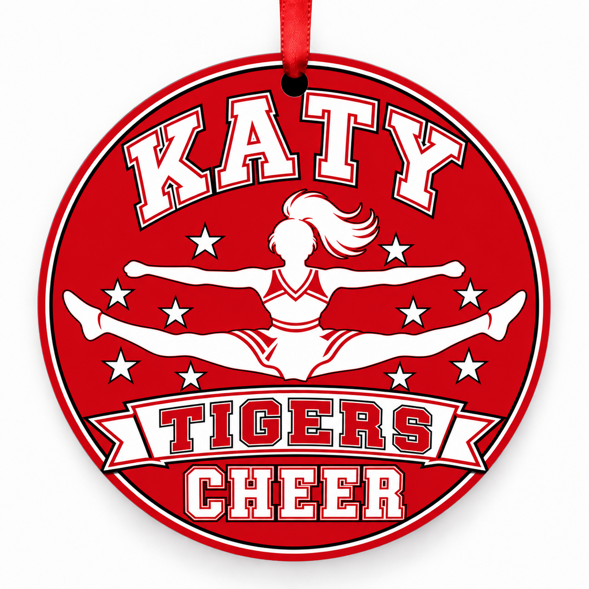Katy High School Tigers cheer toe-touch jump Christmas ornament in red and white