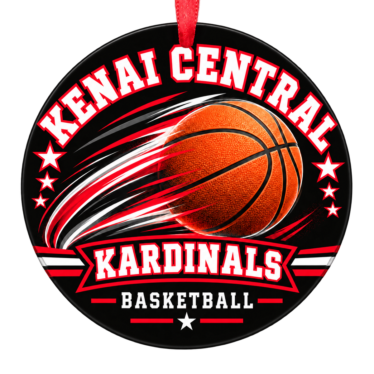 Kenai Central High School Kardinals basketball Christmas ornament, Motion design in Kardinal red, White, Black with red hanging ribbon