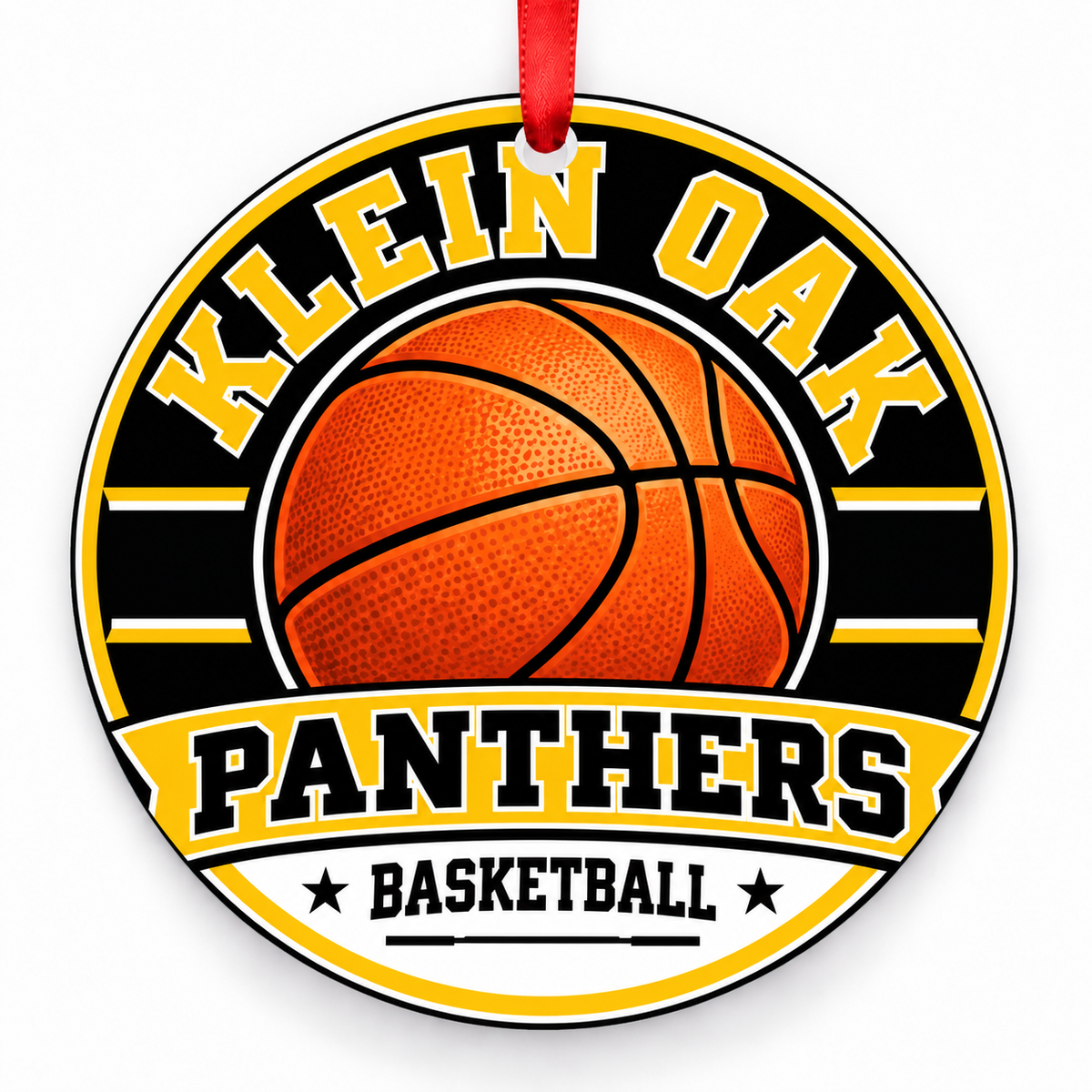 Klein Oak High School Panthers basketball Christmas ornament in black and gold with red ribbon, Klein, Texas
