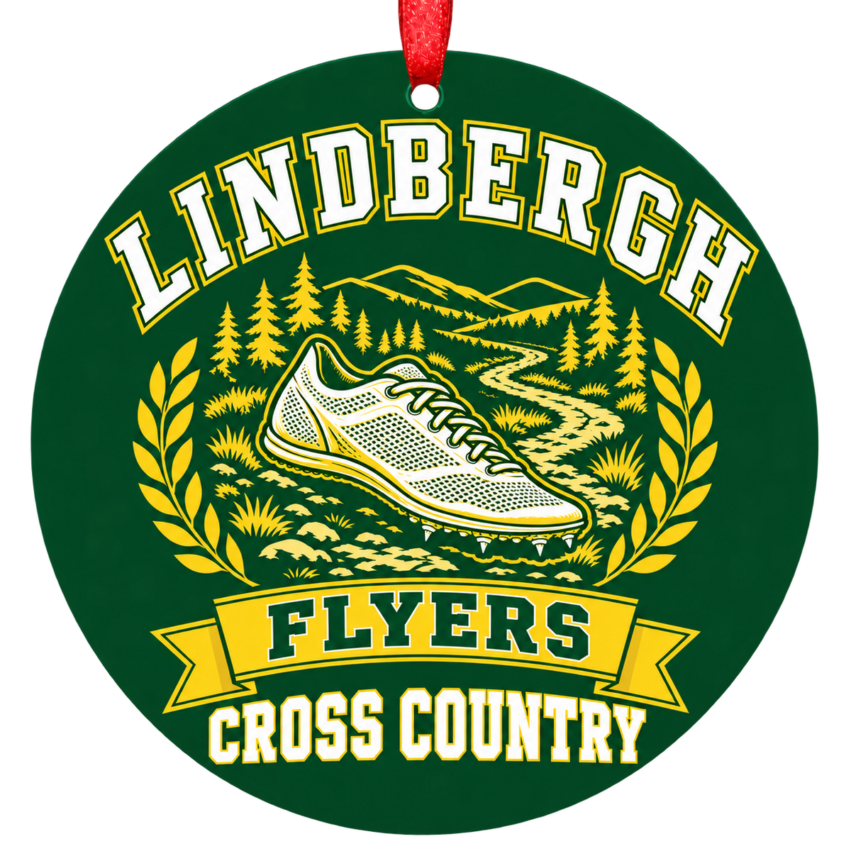 Lindbergh Flyers cross country Christmas ornament in green and gold