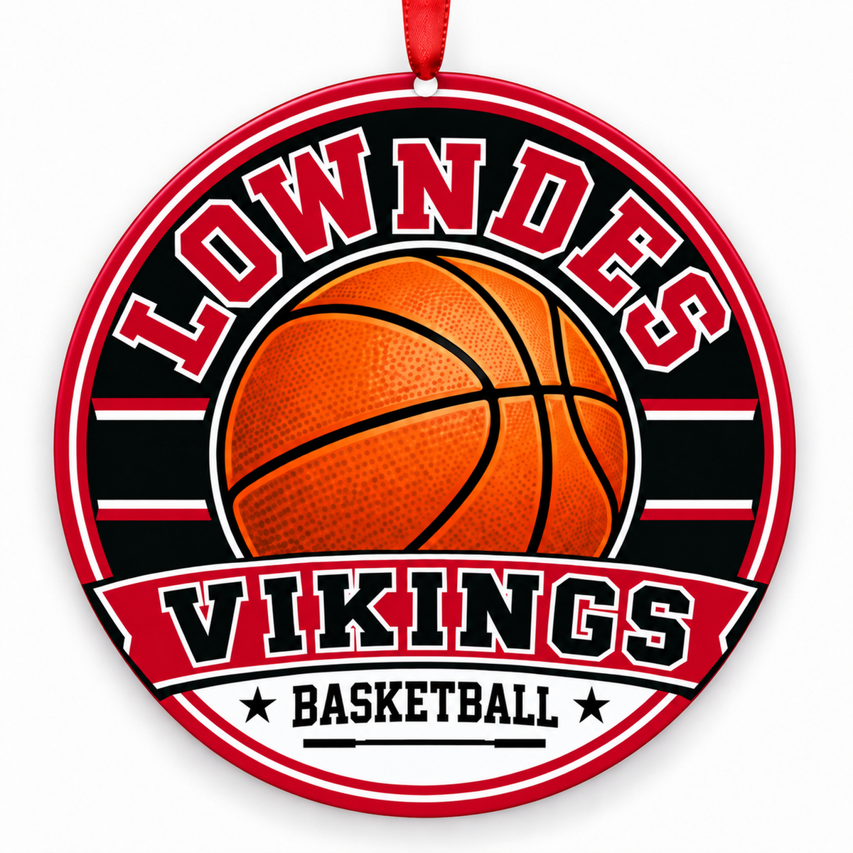 Lowndes High School Vikings basketball Christmas ornament in crimson, white with red ribbon, Valdosta, Georgia