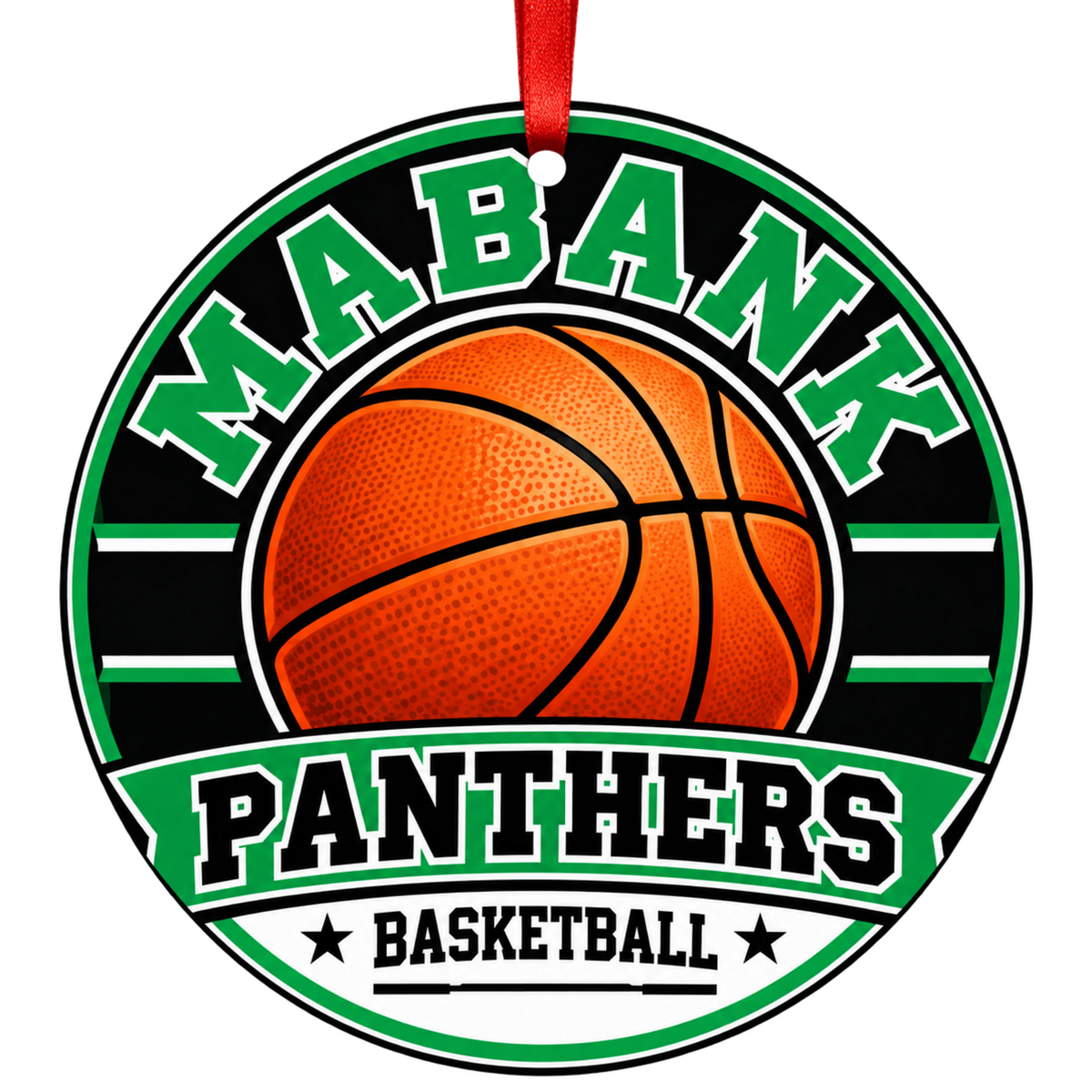 Mabank Panthers basketball Christmas ornament in green and white with red ribbon