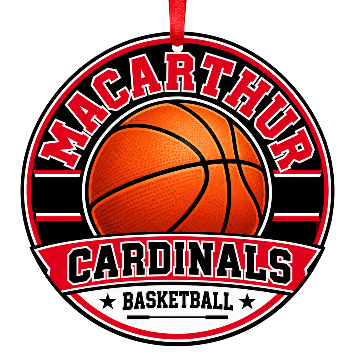 MacArthur Cardinals basketball Christmas ornament for Irving, Texas, in scarlet, white and black