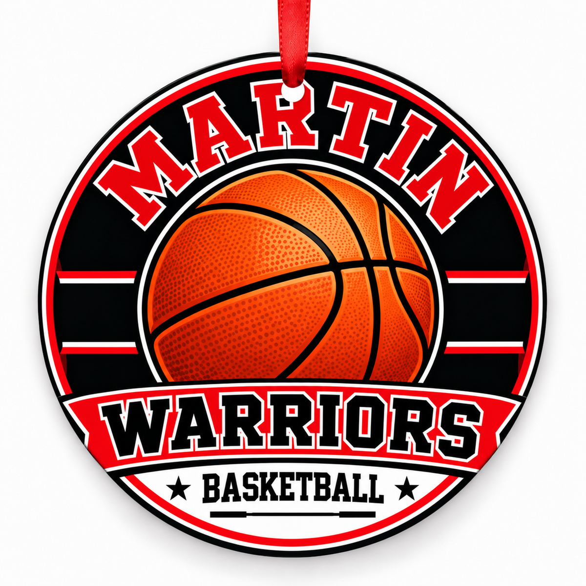 James Martin High School Warriors basketball Christmas ornament in red, black, silver and white with red ribbon, Arlington, TX