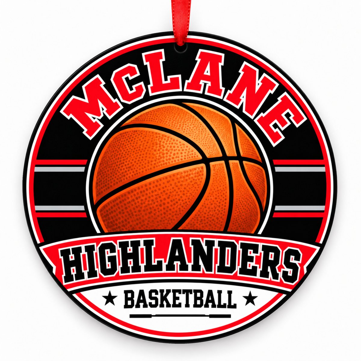 McLane High School Highlanders basketball Christmas ornament in red, white, and gray
