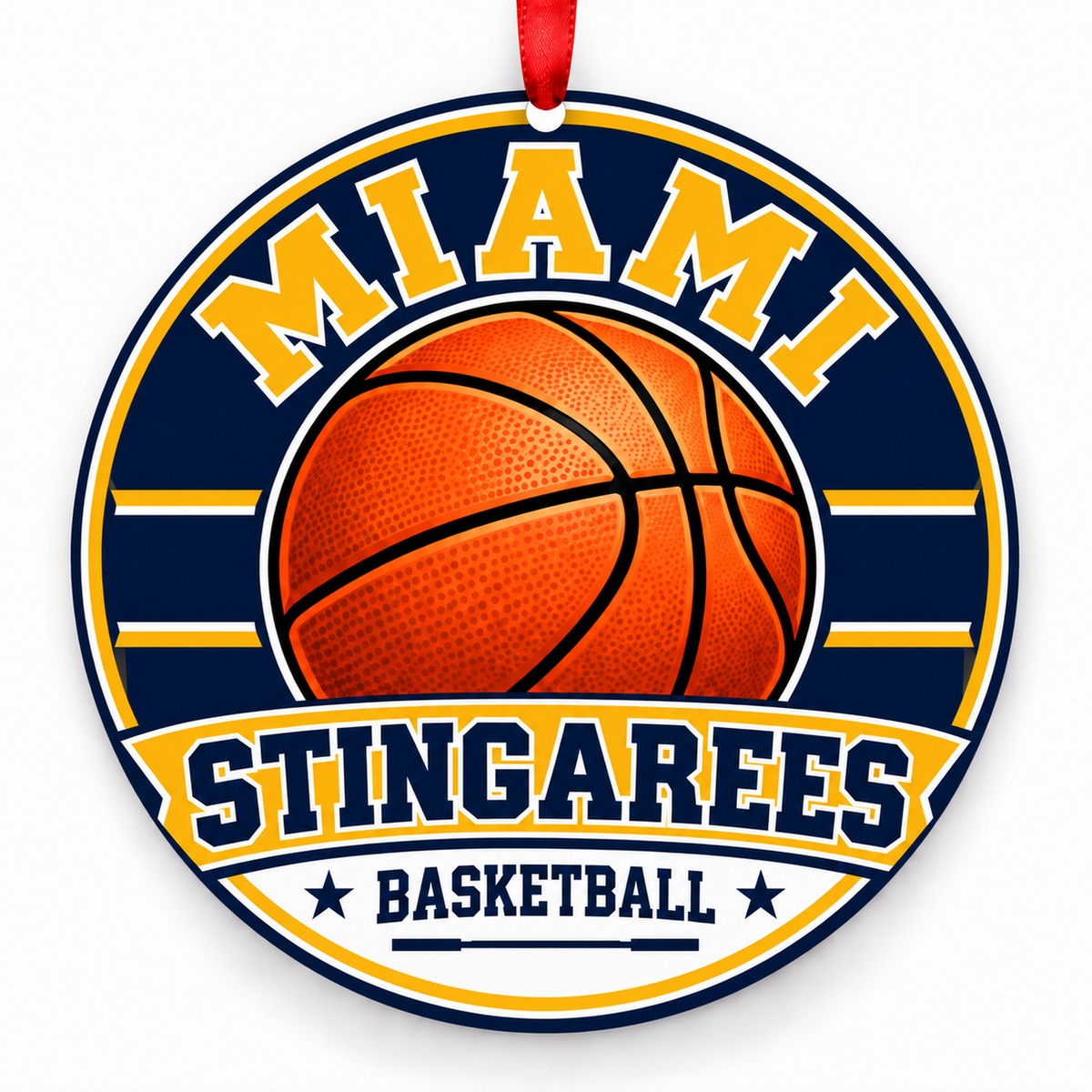 Miami Senior High School Stingarees basketball Christmas ornament in midnight blue and old gold with red ribbon, Miami, Florida