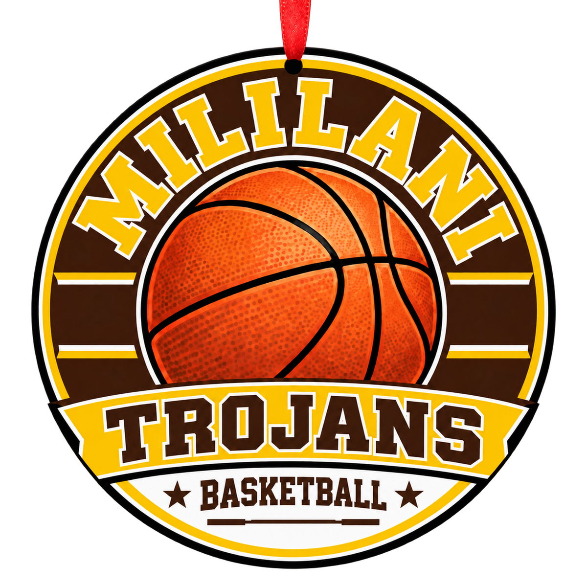 Mililani Trojans basketball round ornament in brown and gold with red ribbon
