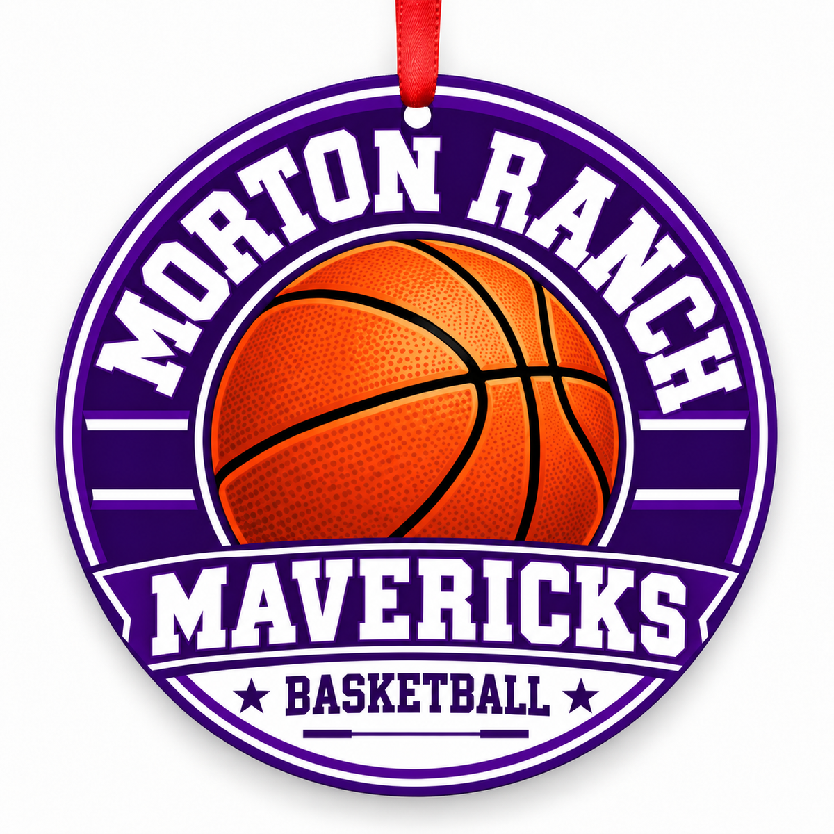 Morton Ranch High School Mavericks basketball Christmas ornament in purple and white with red ribbon, Katy, Texas