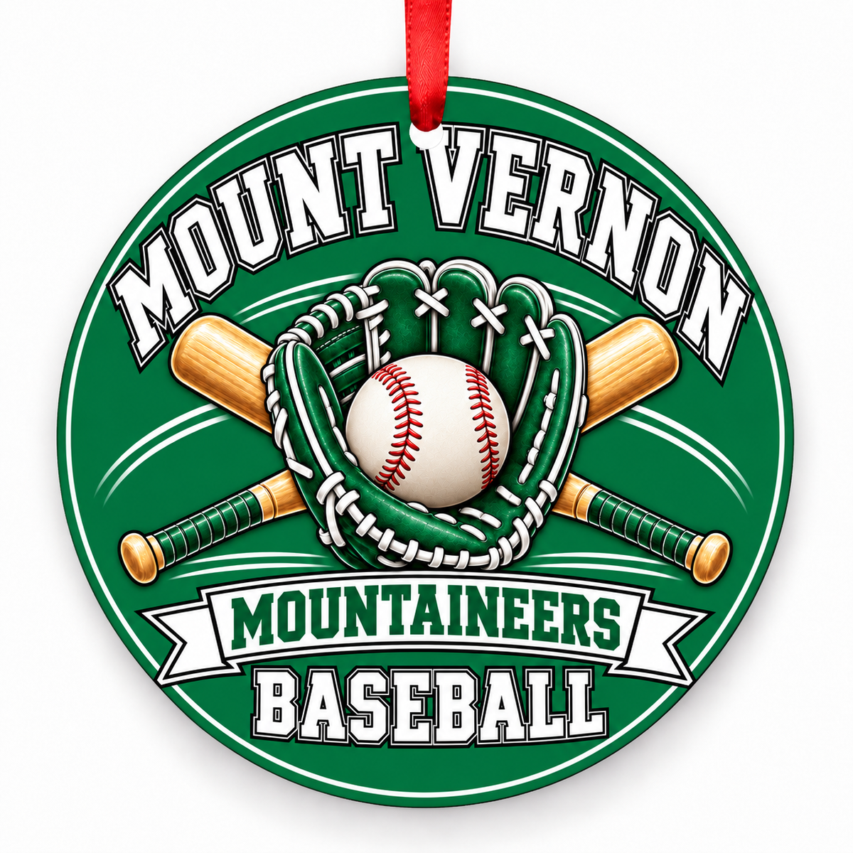 Mount Vernon Mountaineers Baseball Christmas ornament in green and white