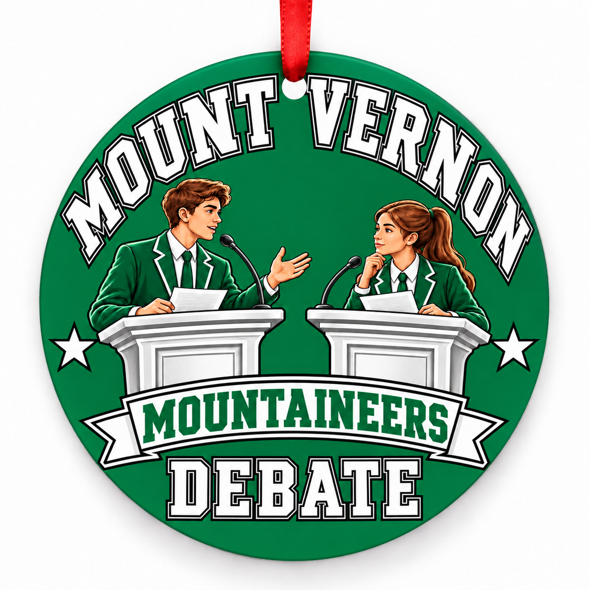 Mount Vernon Mountaineers Speech and Debate Christmas ornament in green and white