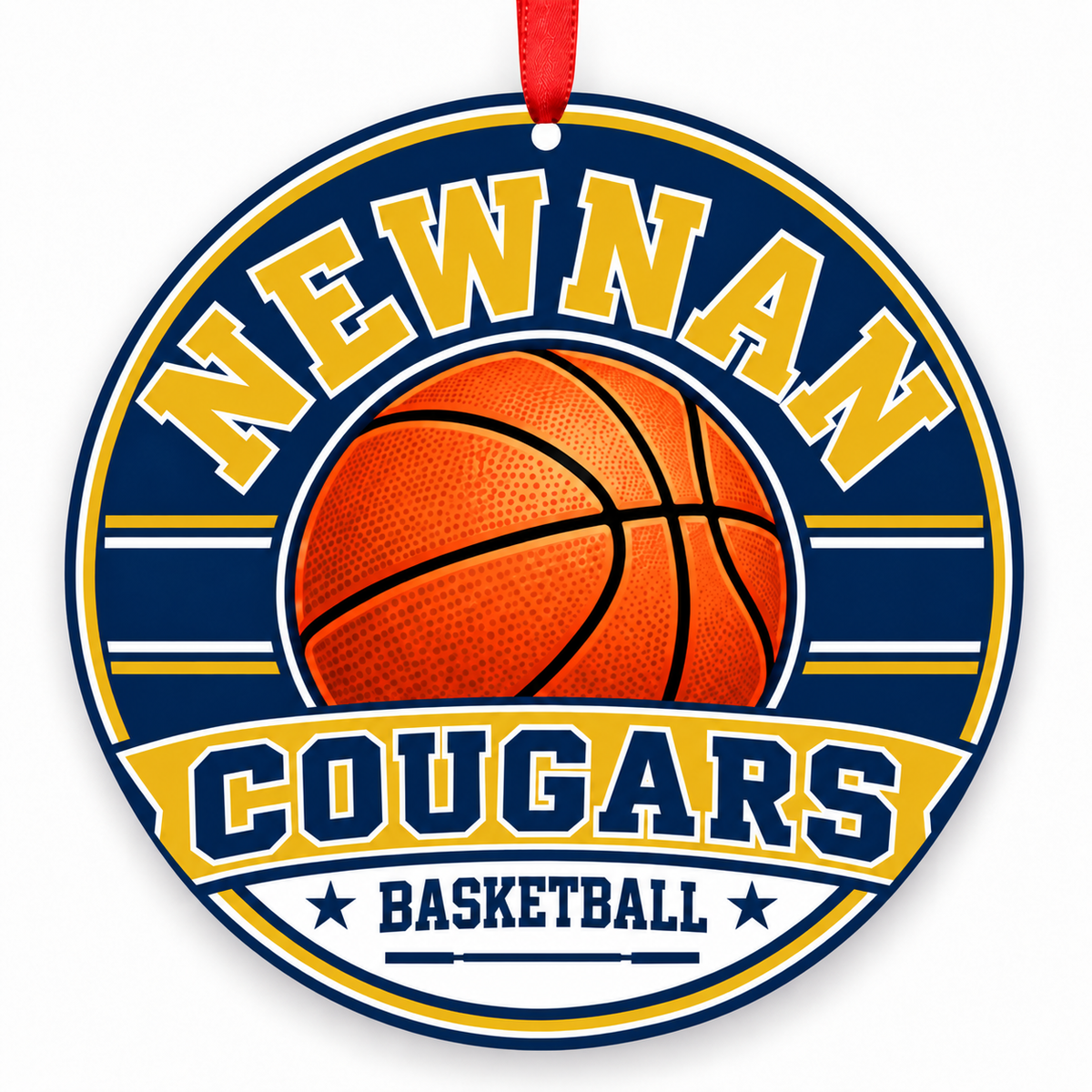 Newnan Cougars basketball round ornament in navy, gold and white with red ribbon
