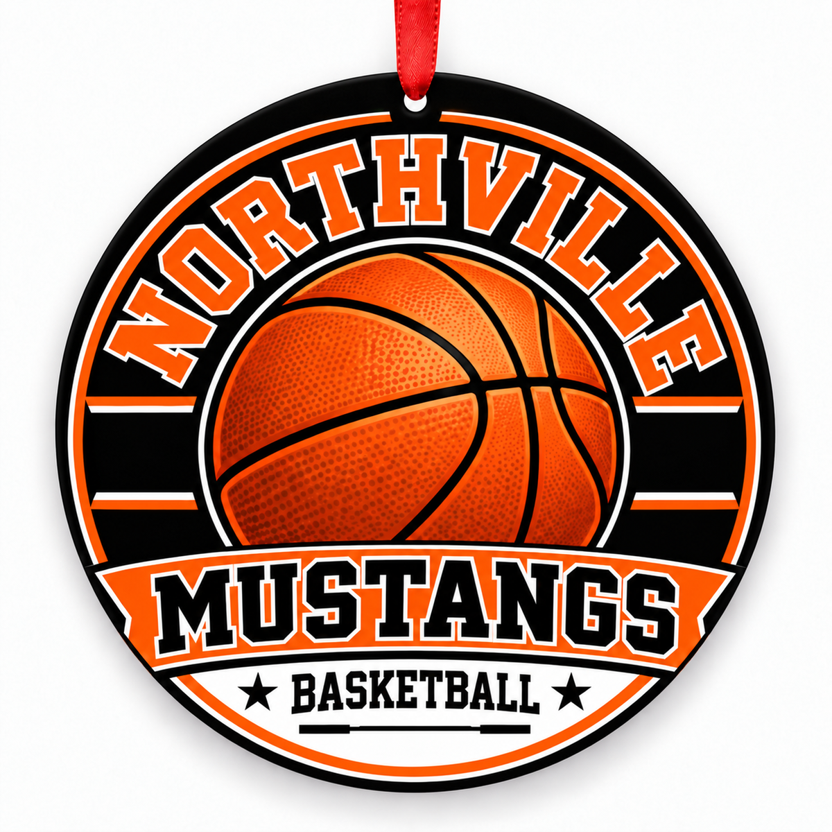 Northville High School Mustangs basketball Christmas ornament in orange and black with a cropped red ribbon