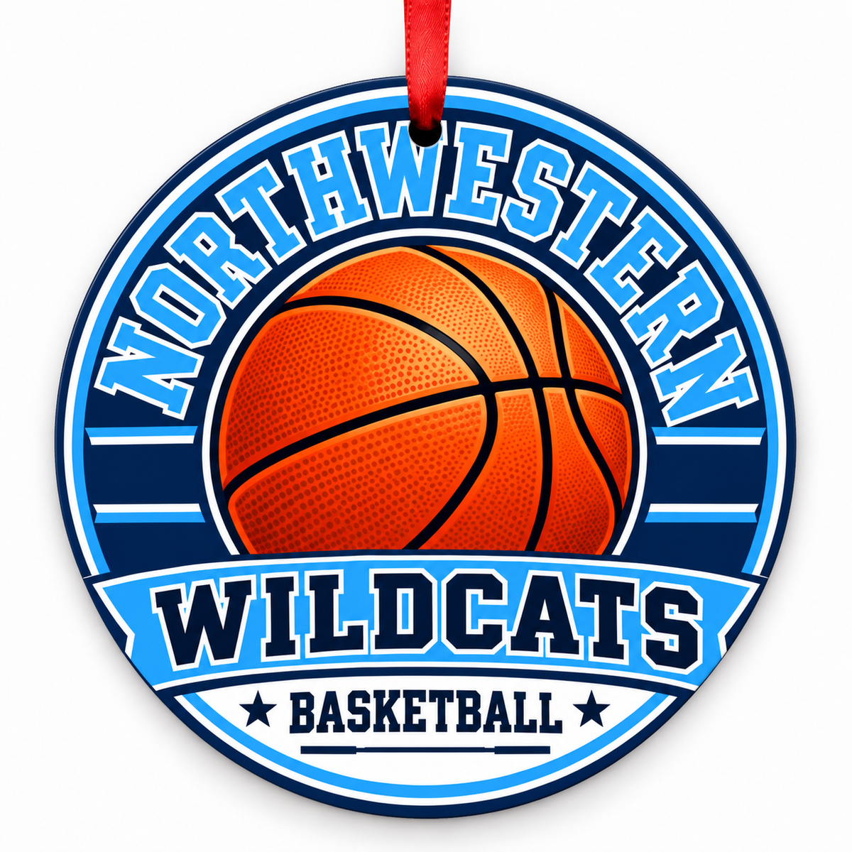 Northwestern High Wildcats basketball ornament in navy blue, white, and Columbia blue with a red ribbon, Hyattsville Maryland