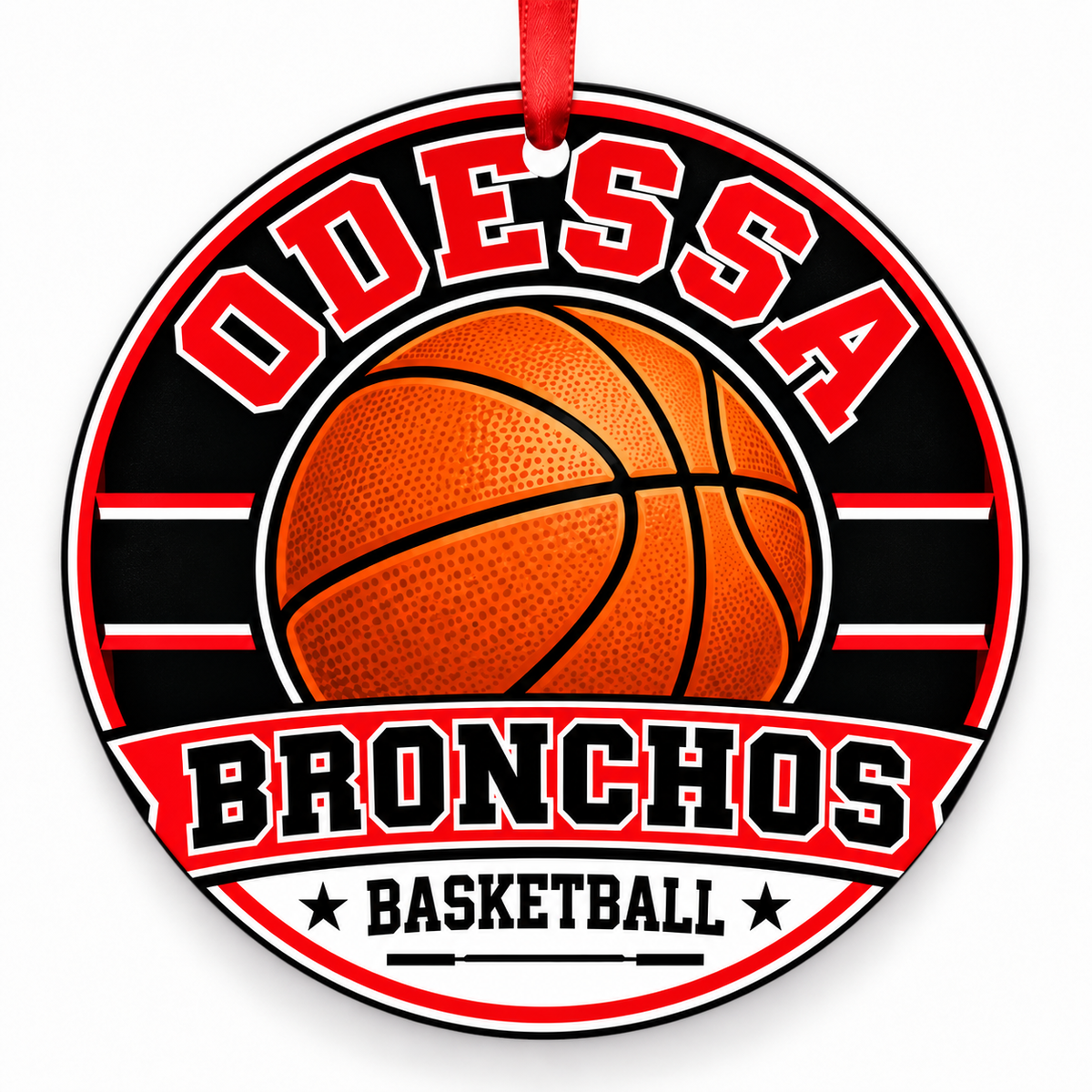 Odessa High School Bronchos basketball Christmas ornament in red and white with red ribbon, Odessa, Texas