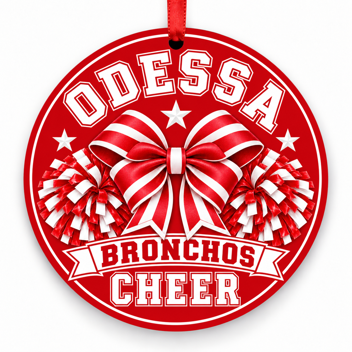 Odessa High School Bronchos cheer Christmas ornament — Bow and Pom-Poms