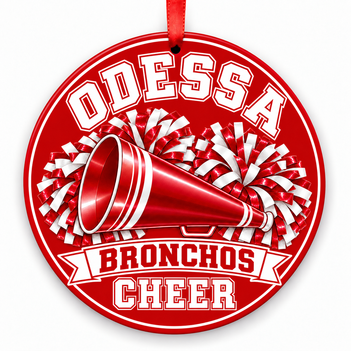 Odessa High School Bronchos cheer Christmas ornament — Megaphone and Pom-Poms
