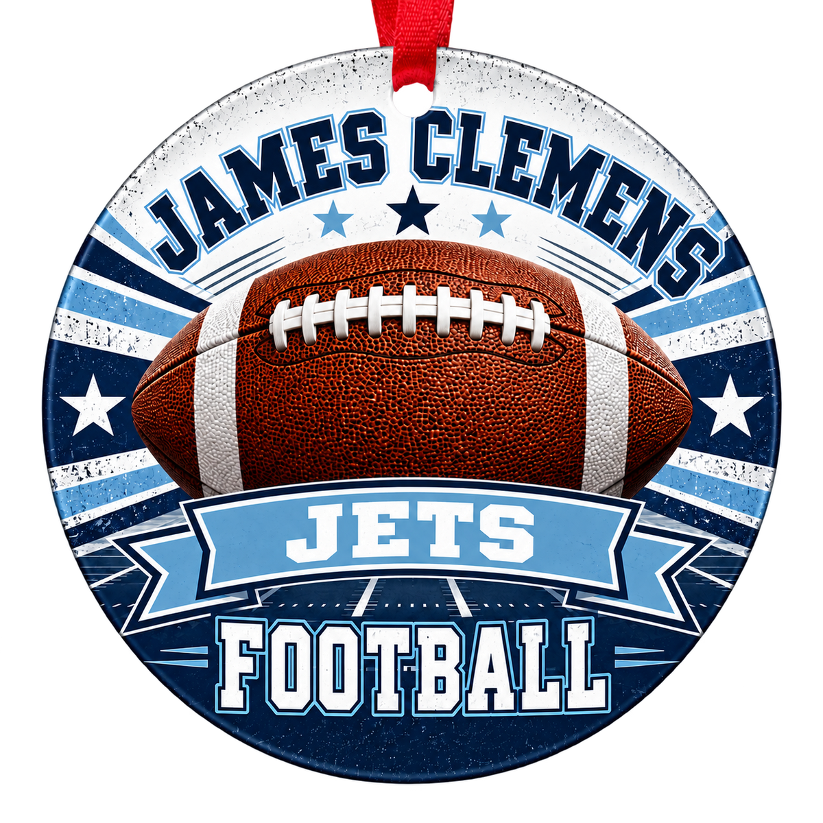 JAMES CLEMENS JETS football Christmas ornament in navy blue and Carolina blue, Madison, Alabama