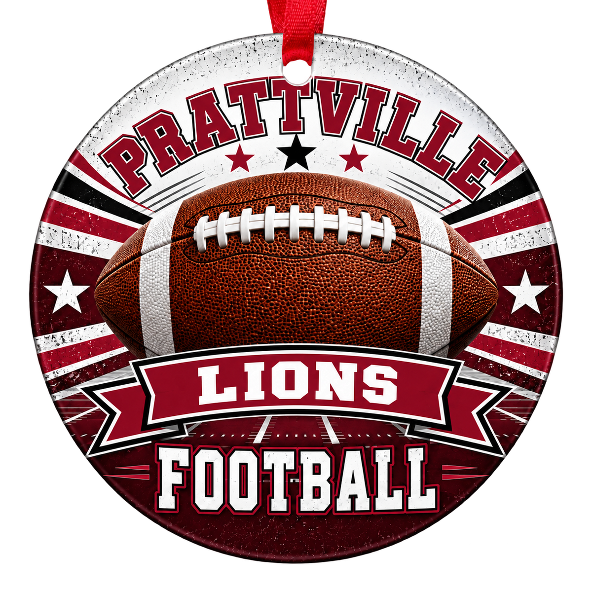 PRATTVILLE LIONS football Christmas ornament in cardinal and white, Prattville, Alabama