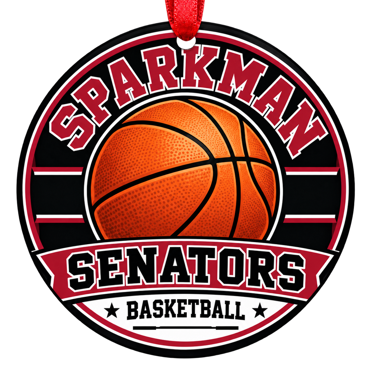 Sparkman High School Senators basketball Christmas ornament in cardinal, black and white with a red ribbon