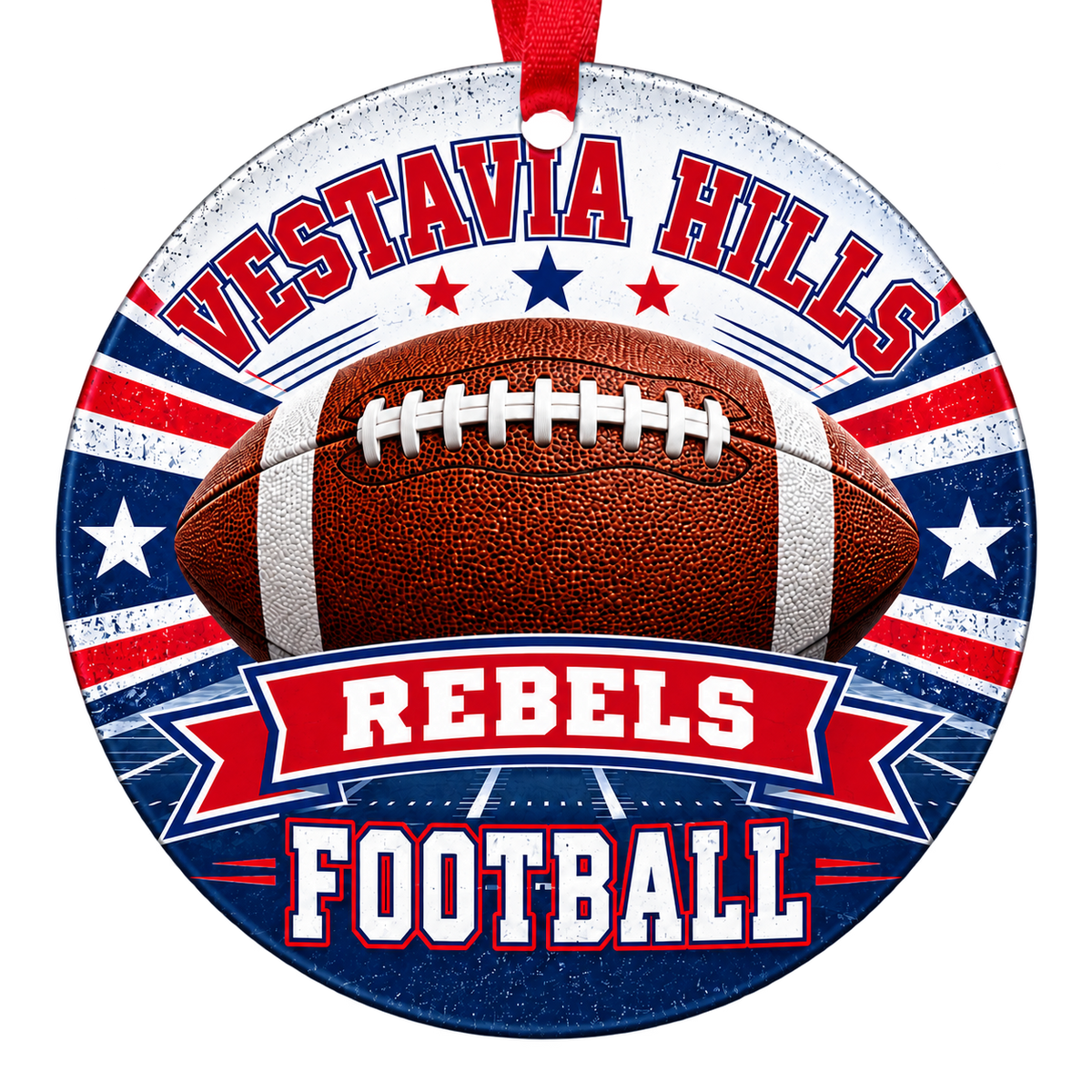 Vestavia Hills High School Rebels football Christmas ornament in red and blue with a red ribbon