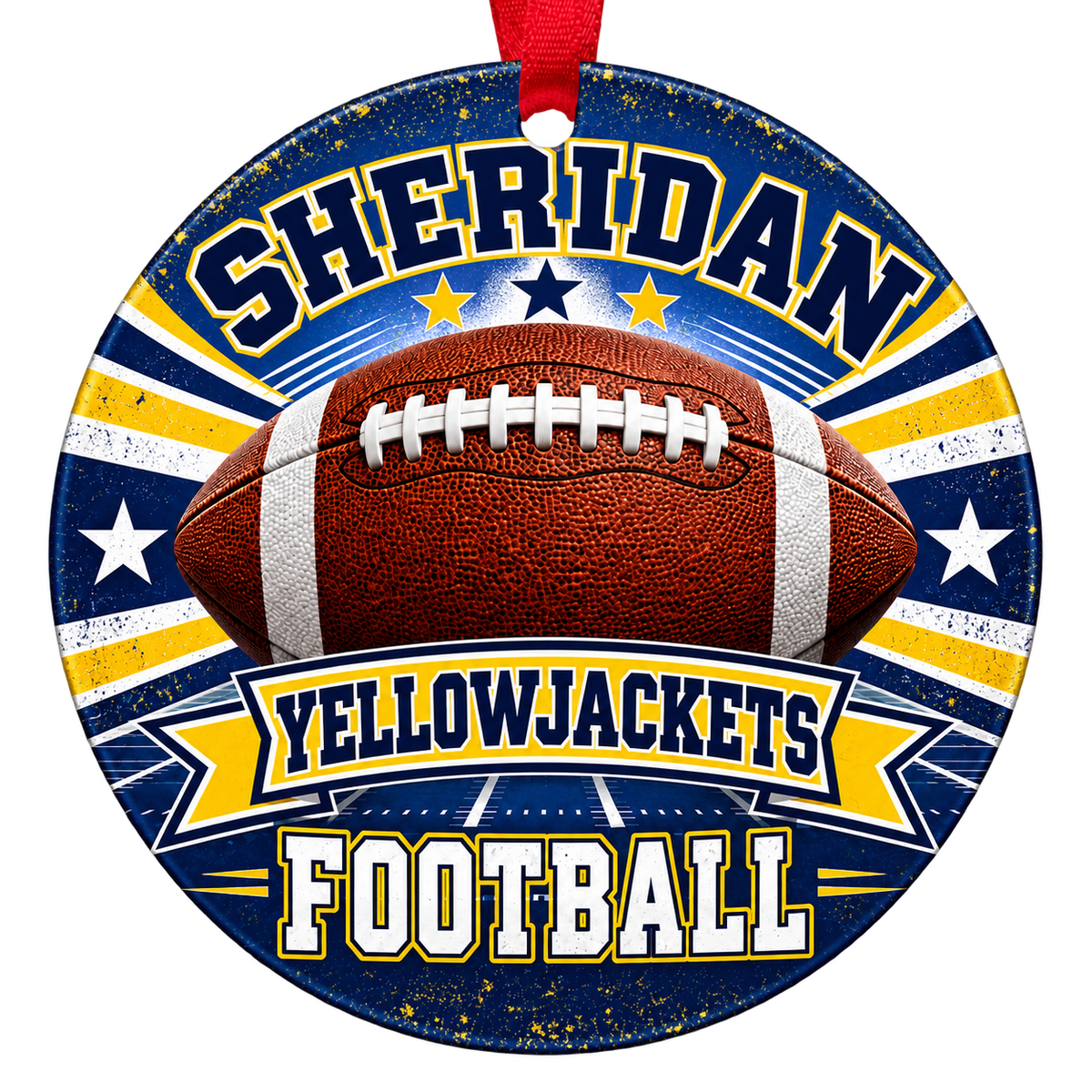 Sheridan Yellowjackets Football Christmas ornament with football, stars and field artwork in blue and gold, red hanging ribbon.