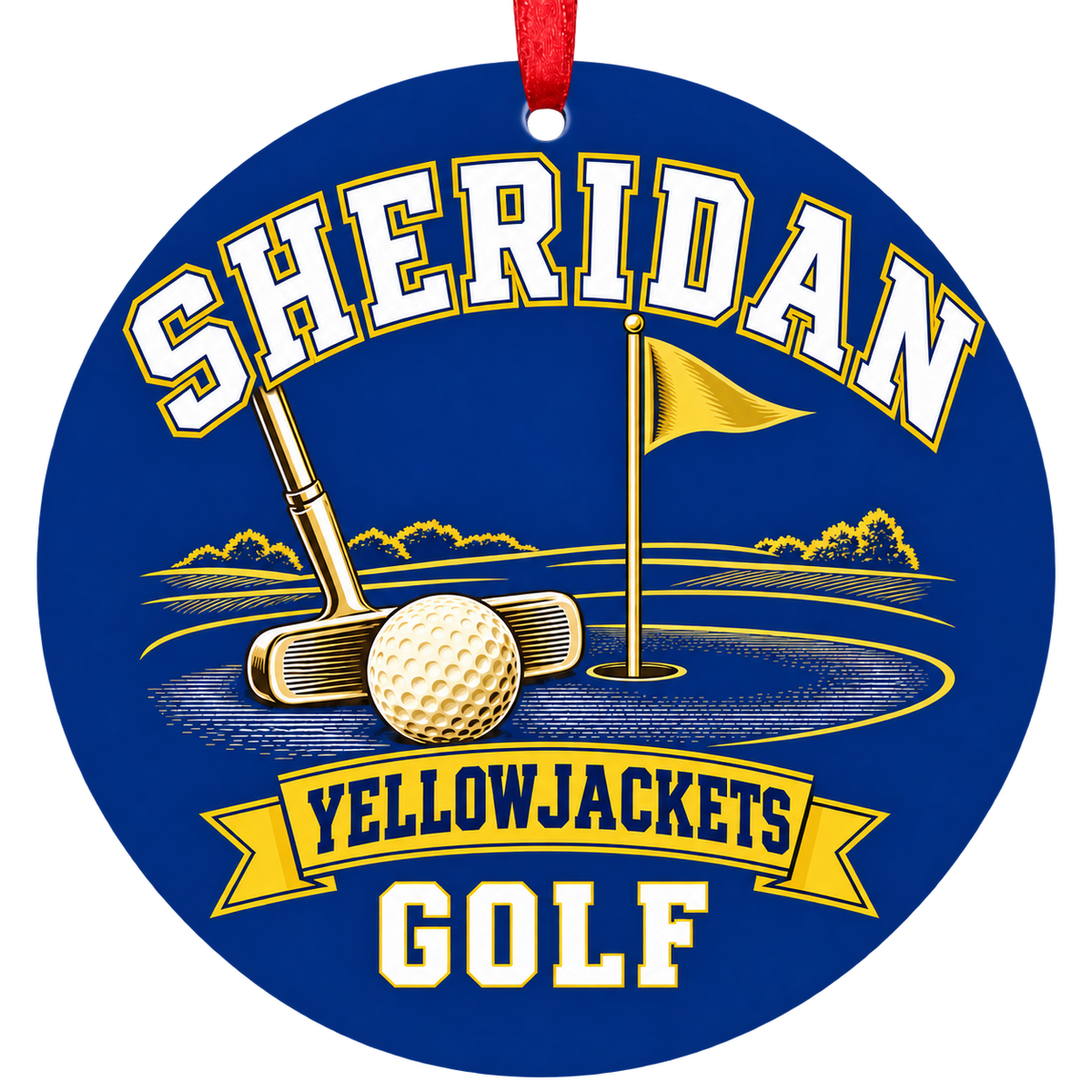 Sheridan Yellowjackets Golf Christmas ornament with putter, golf ball and putting green in blue and gold, red hanging ribbon.