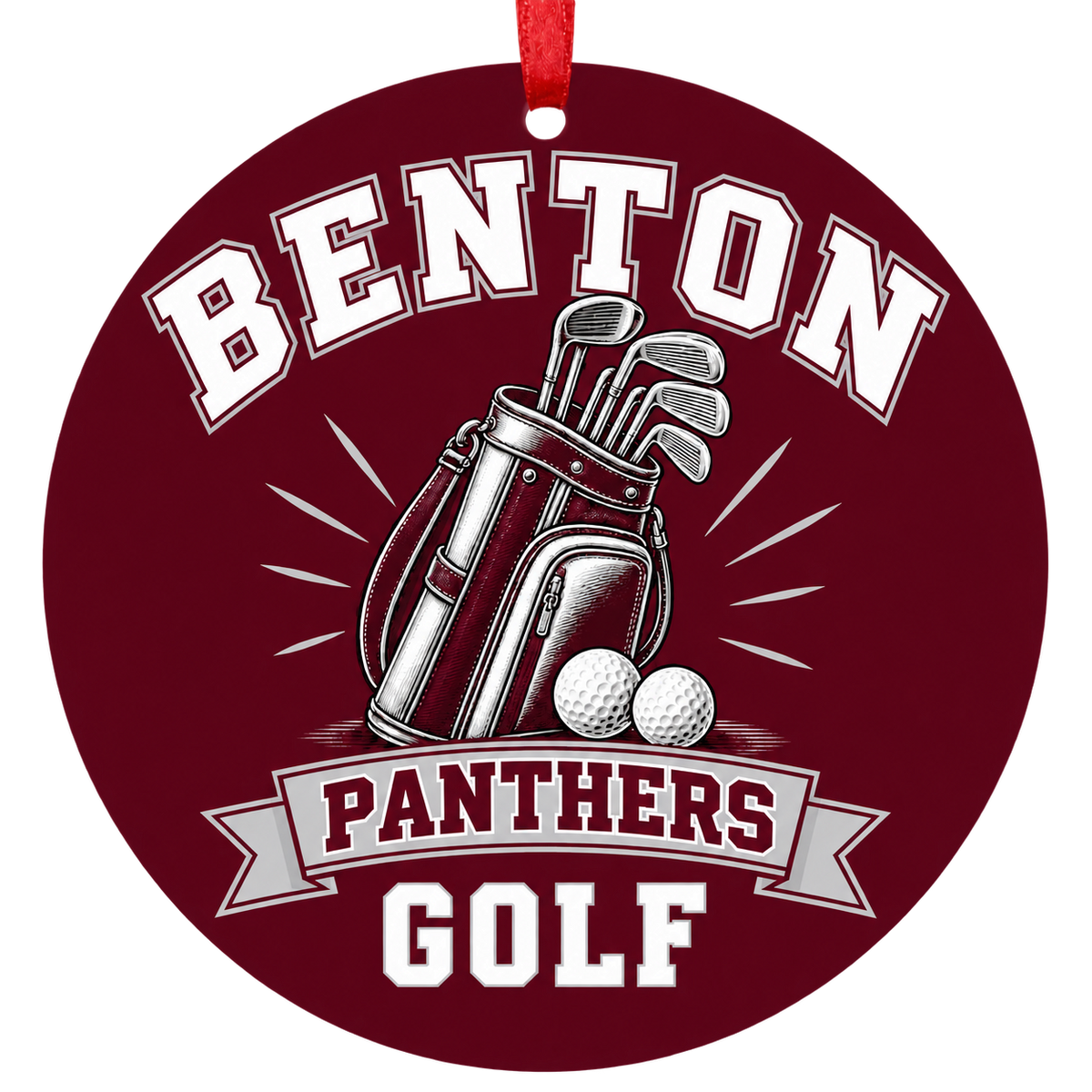 Benton Panthers Golf Christmas ornament with golf bag, clubs and balls in maroon and gray, red hanging ribbon.