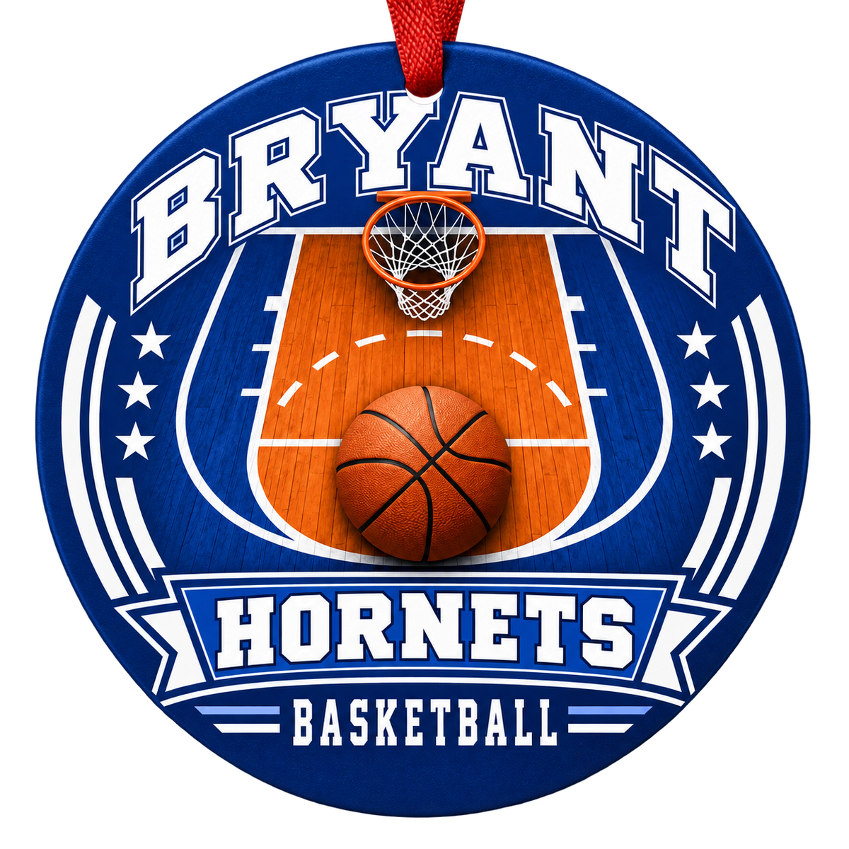 Bryant Hornets Basketball Christmas ornament with basketball court, hoop and ball artwork in blue and white, red hanging ribbon.