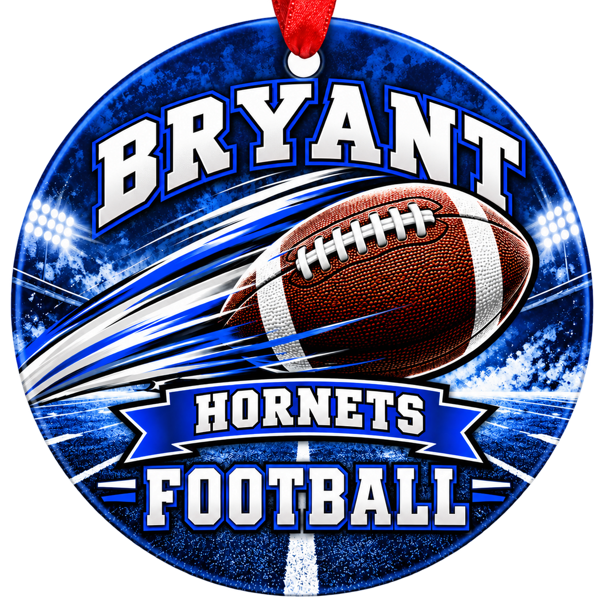Bryant Hornets Football Christmas ornament with football with motion streaks and stadium lights in blue and white, red hanging ribbon.