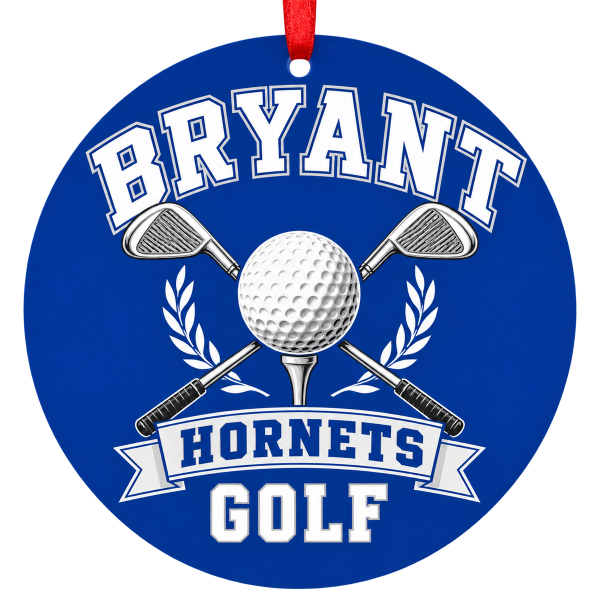 Bryant Hornets Golf Christmas ornament with golf ball and crossed clubs in blue and white, red hanging ribbon.