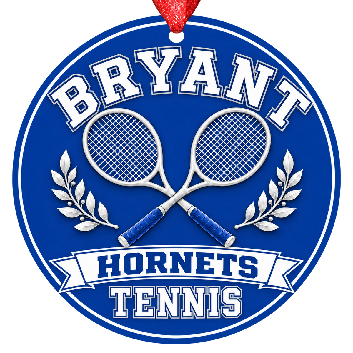 Bryant Hornets Tennis Christmas ornament with crossed tennis rackets and laurel details in blue and white, red hanging ribbon.