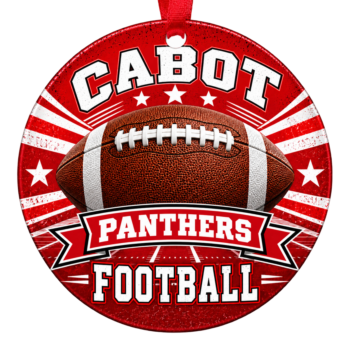 Cabot Panthers Football Christmas ornament with football, stars and field artwork in red and white, red hanging ribbon.