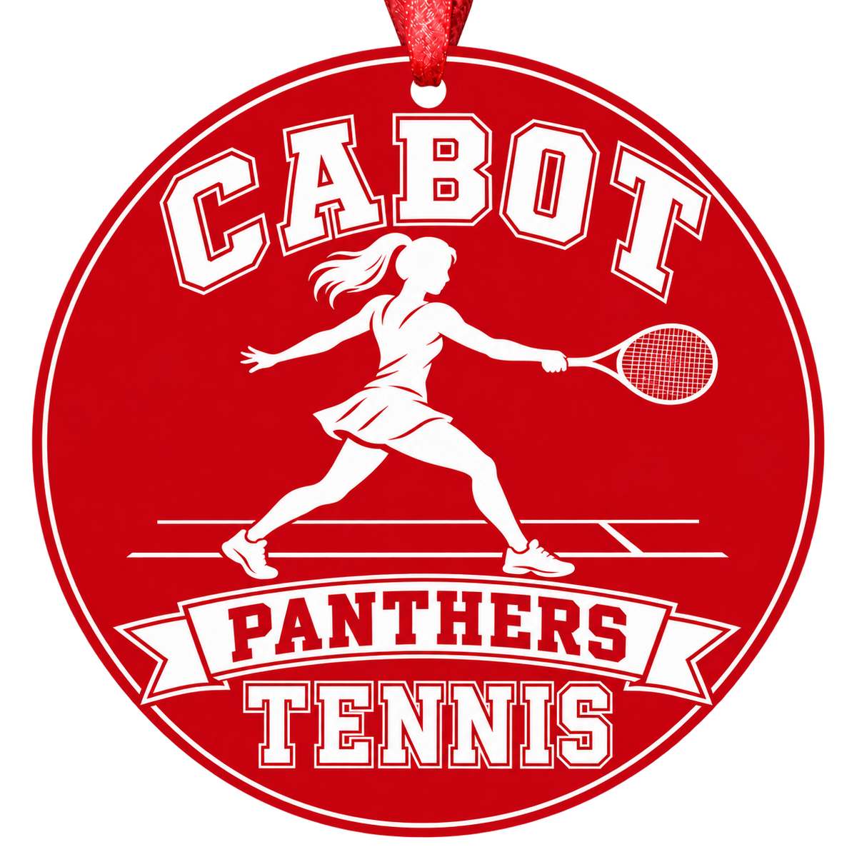 Cabot Panthers Tennis Christmas ornament with tennis player silhouette in red and white, red hanging ribbon.